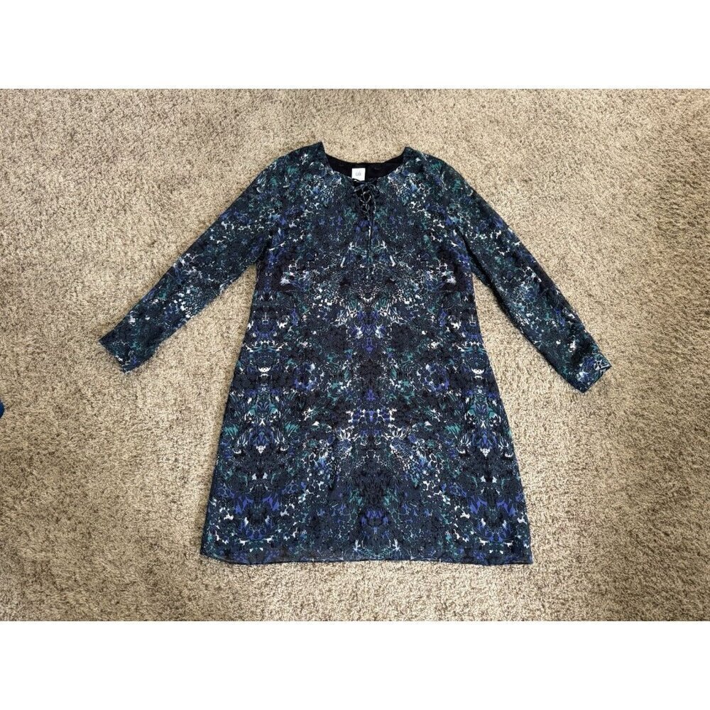 CABI Green Blue Floral Long Sleeve Lace Up Dress Flowy Casual Career Lux LARGE